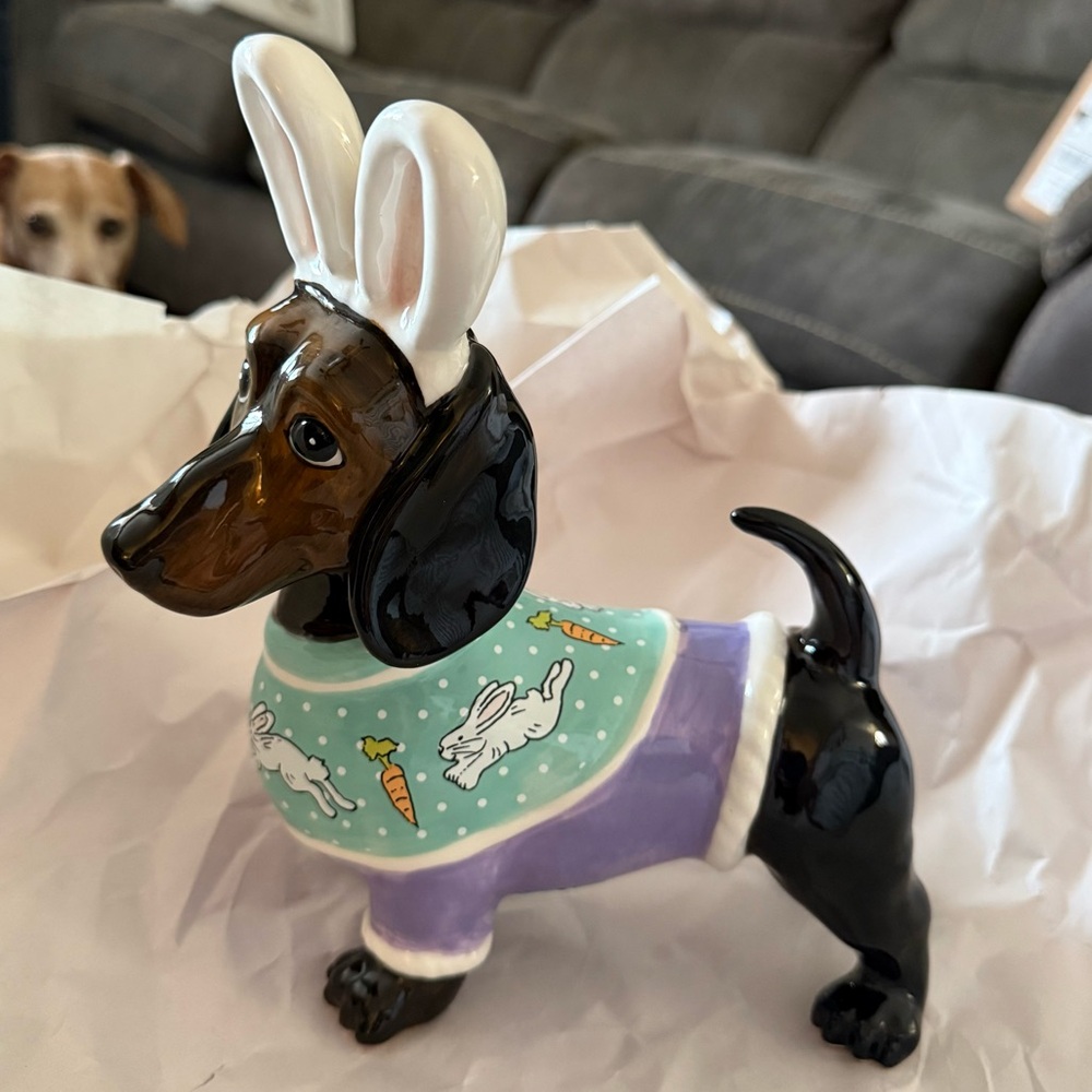 Blue Sky Ceramic Dachshund Bunny Figurine Easter Decor. 7” L x 9” T